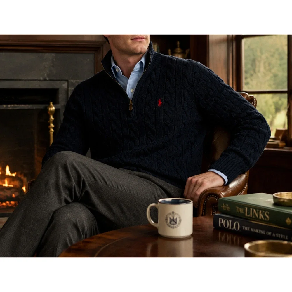 Polo Ralph Lauren Cable Knit 1/4 Zip Sweater Navy Blue Cotton 2XL NWT